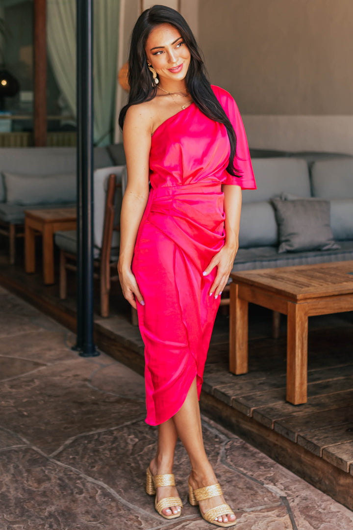 Hot Pink One Shoulder Faux Wrap Midi Dress