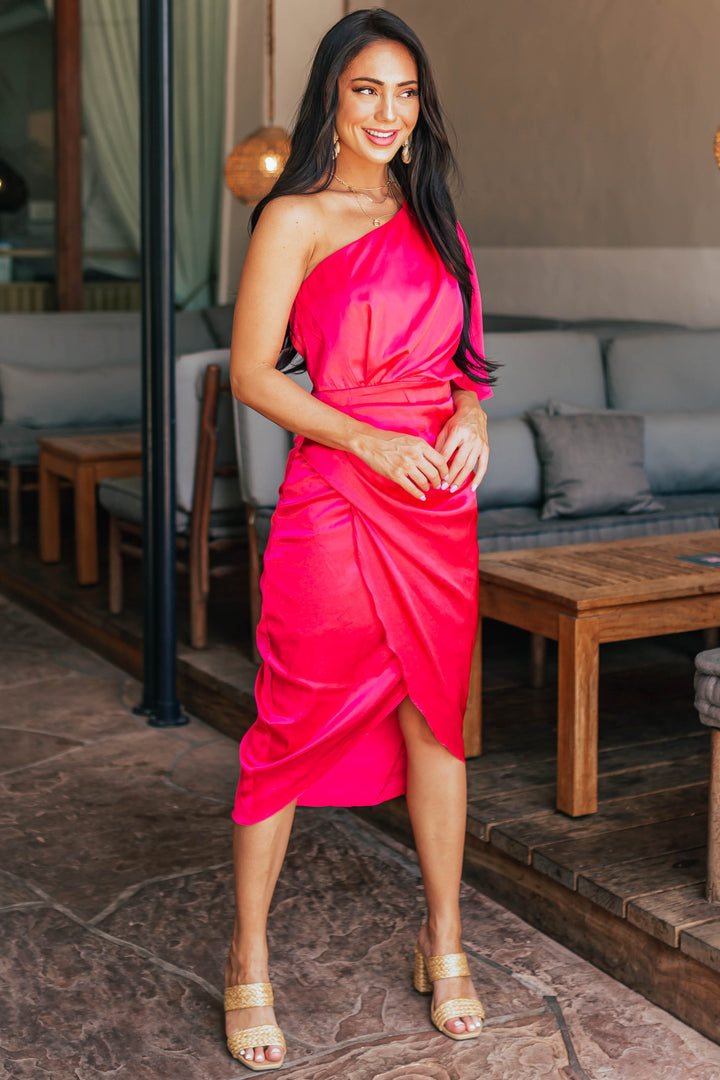 Hot Pink One Shoulder Faux Wrap Midi Dress