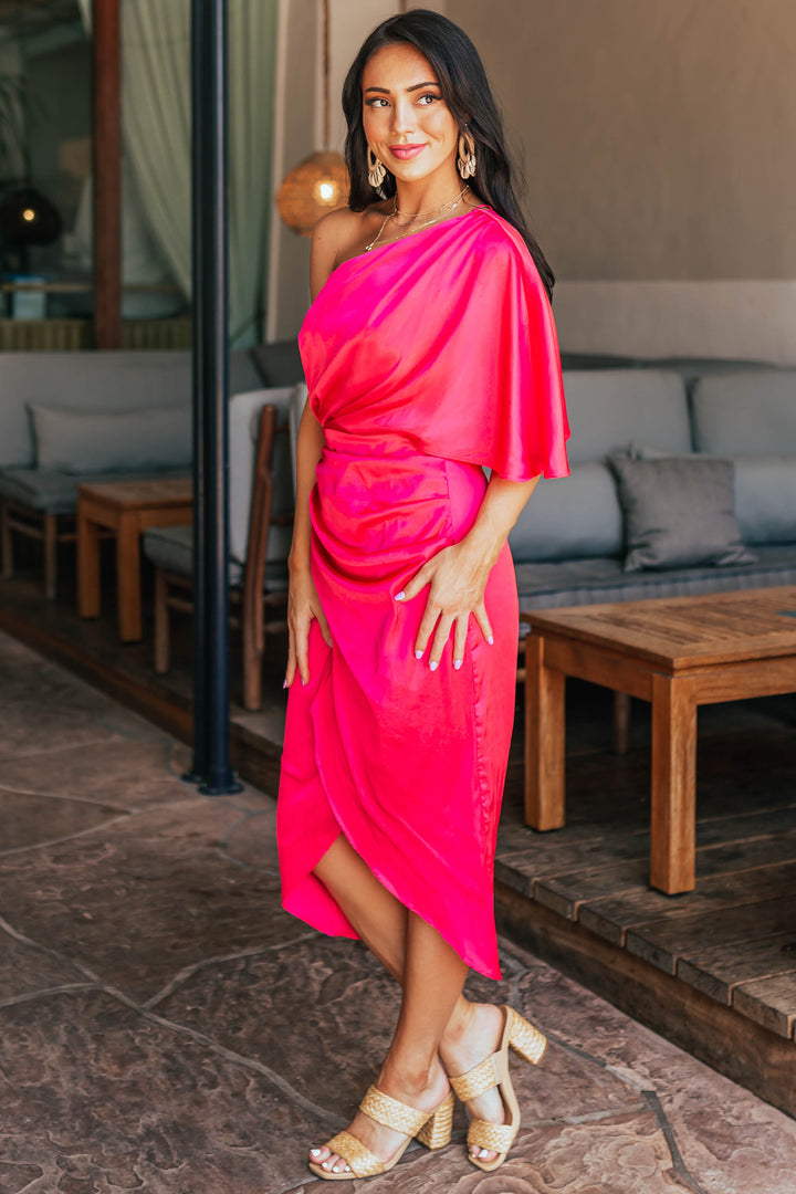 Hot Pink One Shoulder Faux Wrap Midi Dress