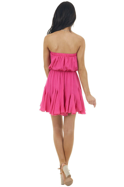 Hot Pink Strapless Woven Short Dress with Flowy Ruffle Hem