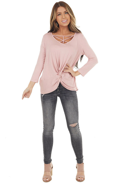 Dusty Blush 3/4 Sleeve Top with Caged Neckline Detail