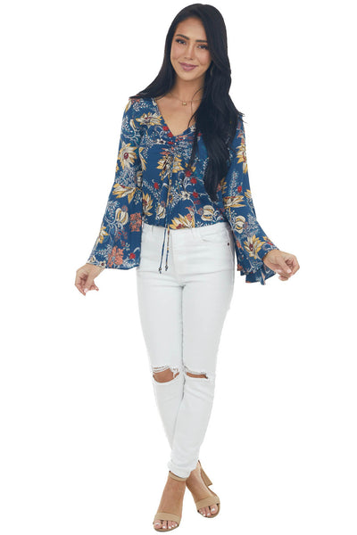 Navy Floral Print Blouse with Long Sleeves