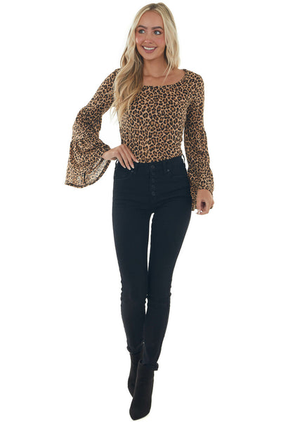 Camel and Sepia Leopard Flare Sleeve Top 