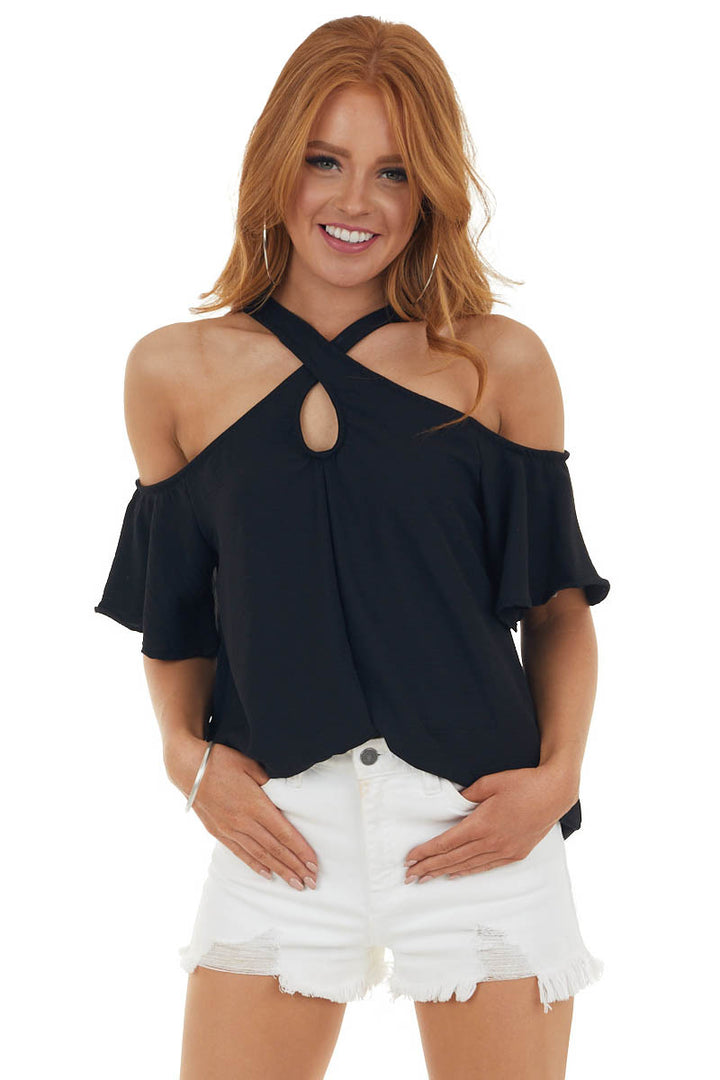 Black Cold Shoulder Blouse with Criss Cross Halter Neck