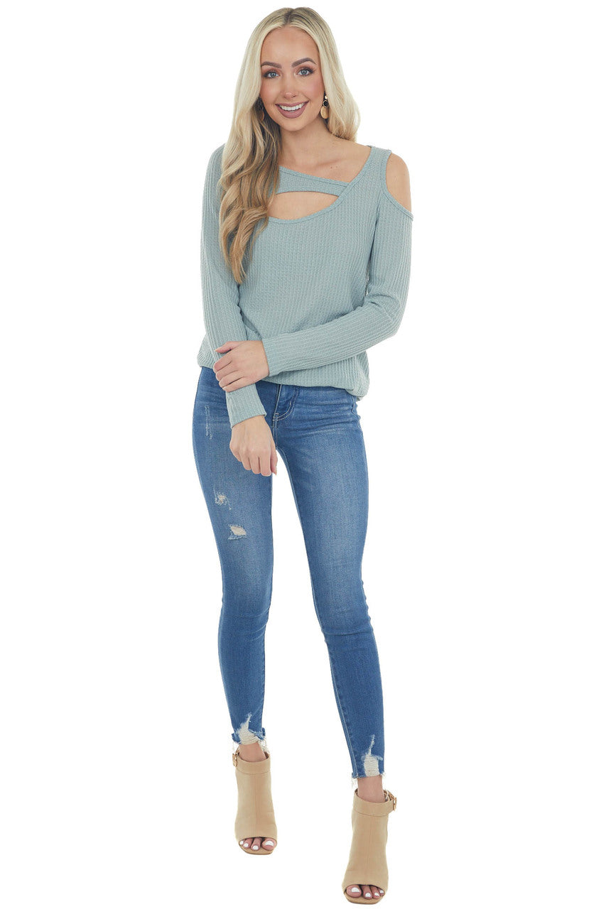 Seafoam Single Cold Shoulder Waffle Knit Top with Cut Out