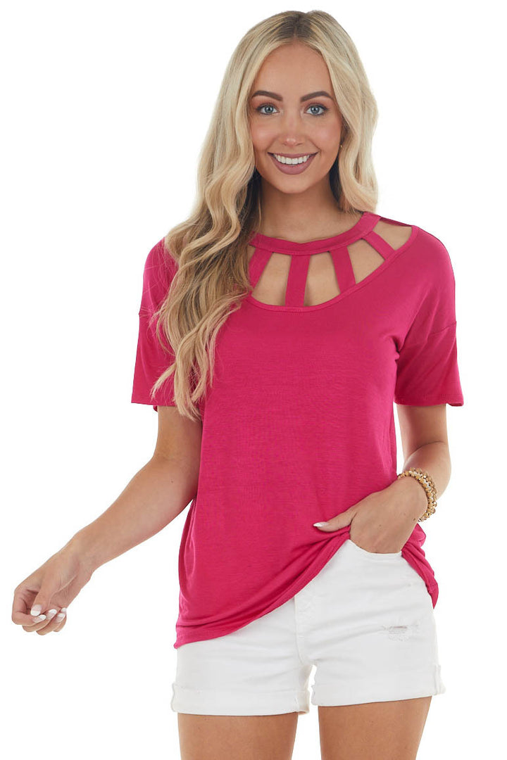 Magenta Short Sleeve Knit Top with Caged Neckline 