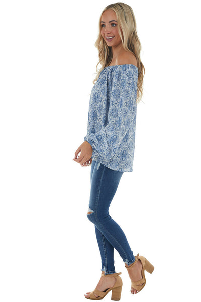 Ocean Blue Printed Off Shoulder Blouse