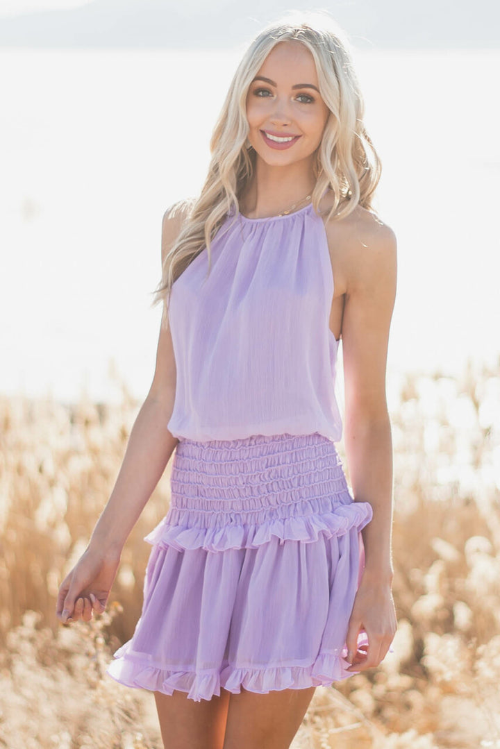 Lavender Halter Mini Dress with Smocked Ruffle Detail