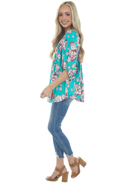 Turquoise Floral Print Babydoll Top