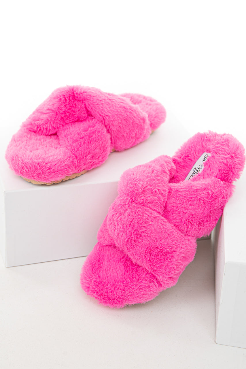 Hot Pink Fuzzy Soft Sandal Slippers with Criss Cross Details