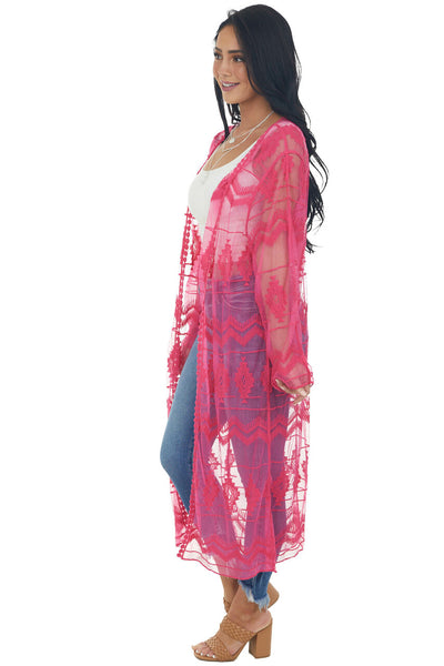 Hot Pink Tribal Lace Open Front Long Sleeve Kimono