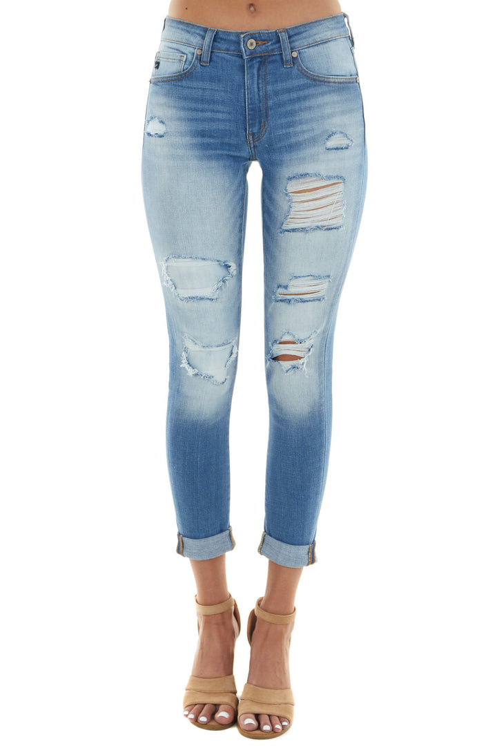 Medium Wash Mid Rise Heavily Distressed Jeans