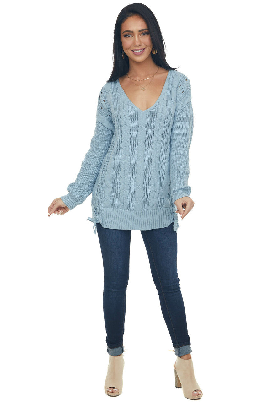 Powder Blue V Neck Loose Cable Knit Sweater