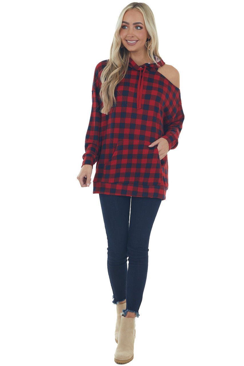 Cranberry Checkered Plaid Cold Shoulder Hoodie 