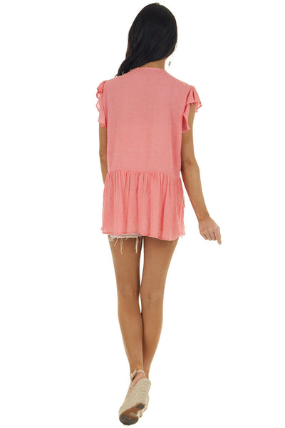 Coral Swiss Dot Babydoll V Neck Blouse