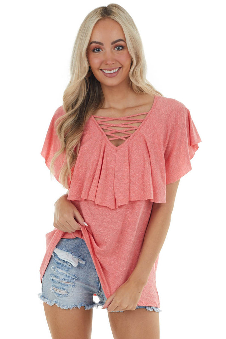 Coral Short Sleeve Caged Neck Overlaying Top