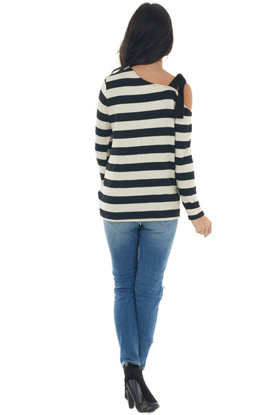 Cream Striped Top with Tied Cold Shoulder