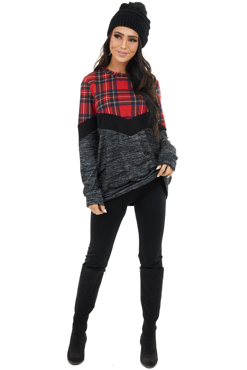Lipstick Red Plaid and Colorblock Long Sleeve Top