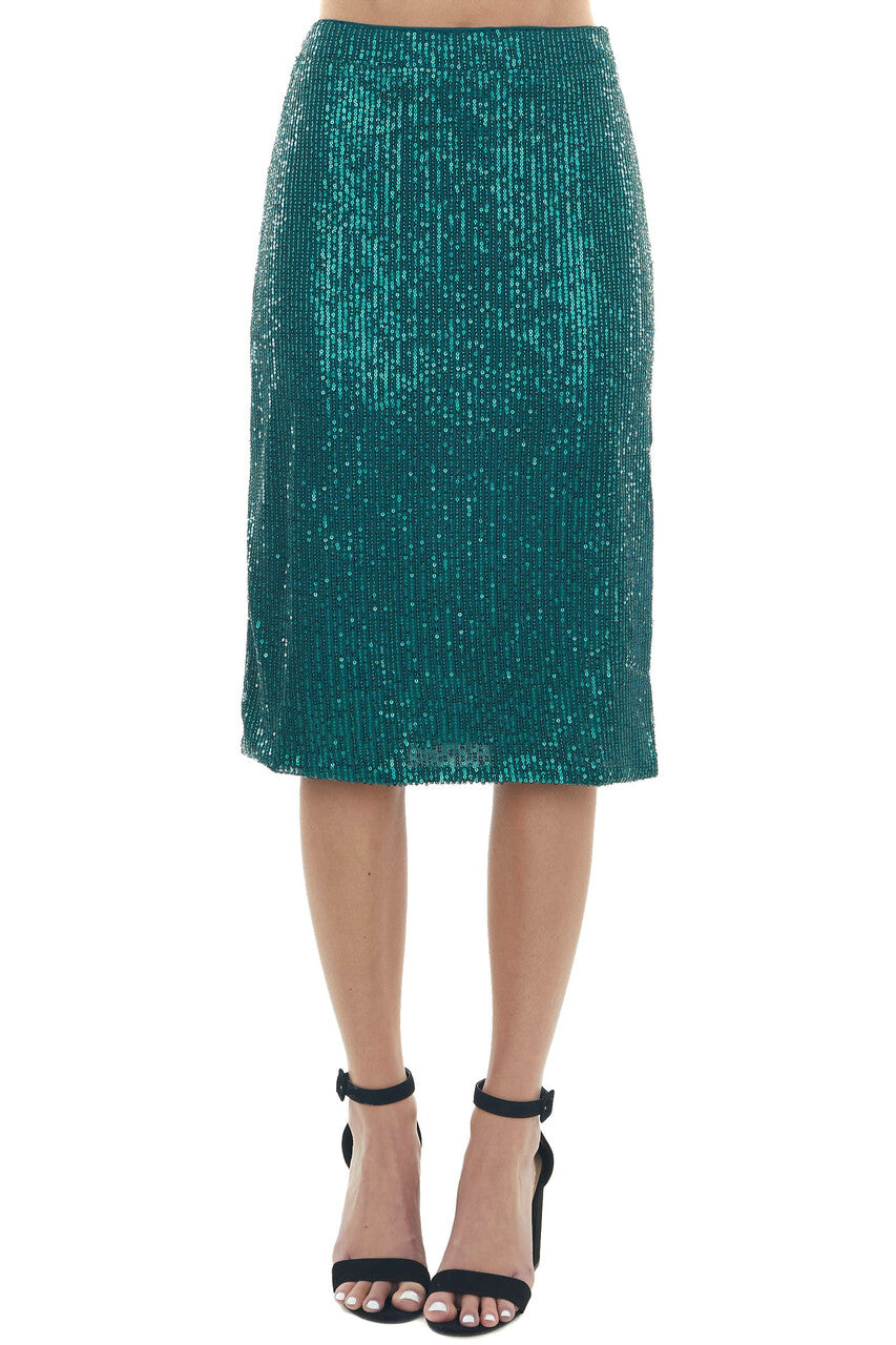 Forest Green Sequin Midi Skirt with Side Slit