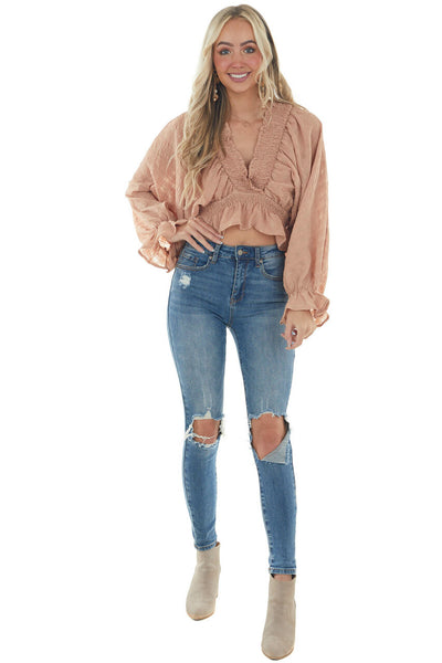 Desert Sand Plunging Neck Puff Sleeve Blouse