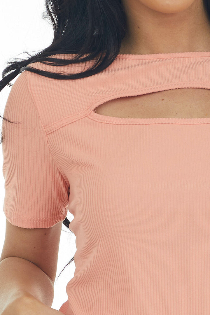 Light Coral Chest Cut Out Ribbed Knit Top