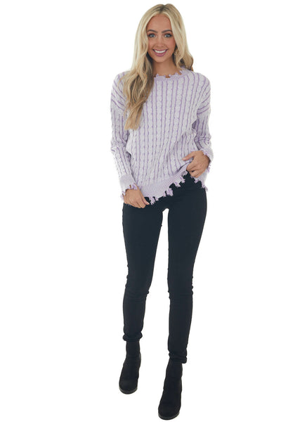 Lilac Cable Knit Distressed Trim Sweater