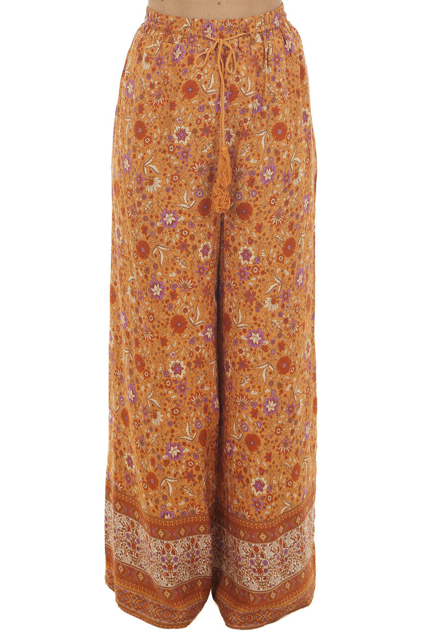 Tawny Floral Wide Leg Pants with Tassel Tie 