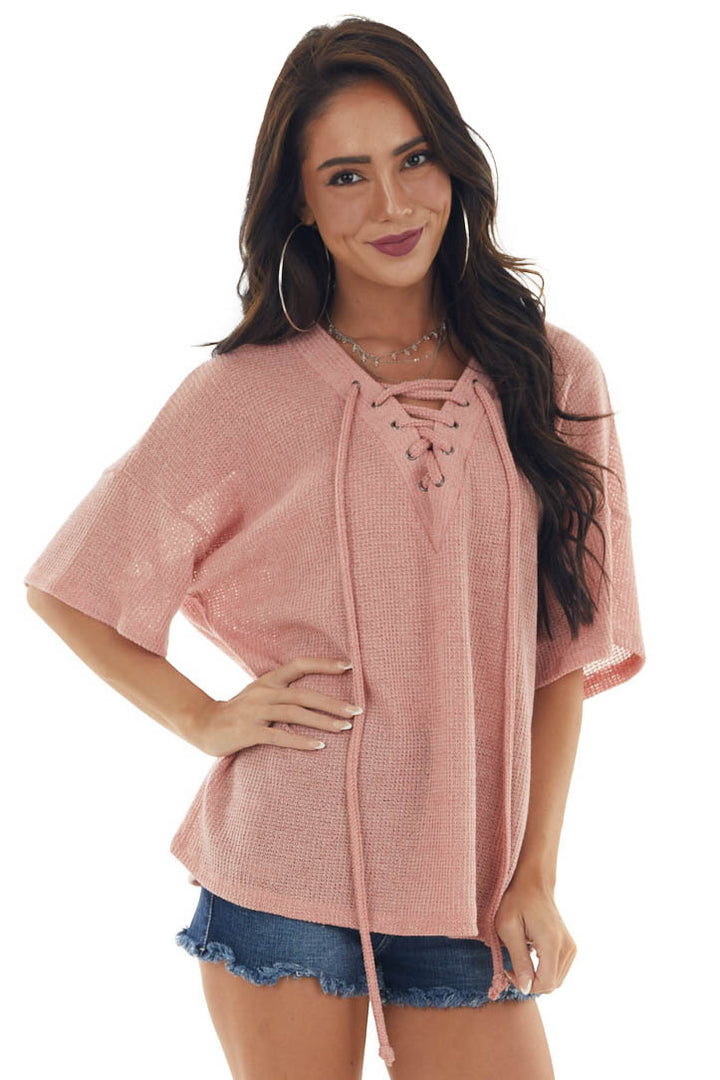 Coral Loose Knit Top with Lace Up V Neckline