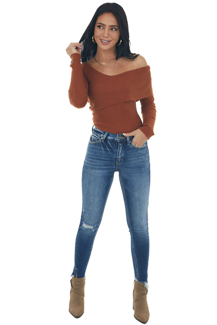 Spice Long Sleeve One Shoulder Ribbed Knit Top