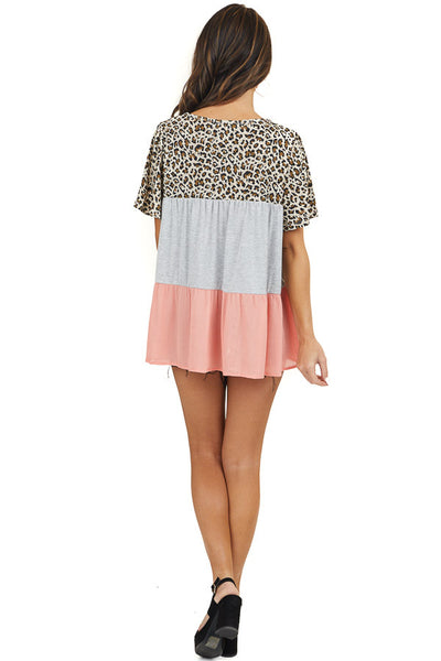 Grey Coral and Leopard Print Top with Criss Cross Neckline