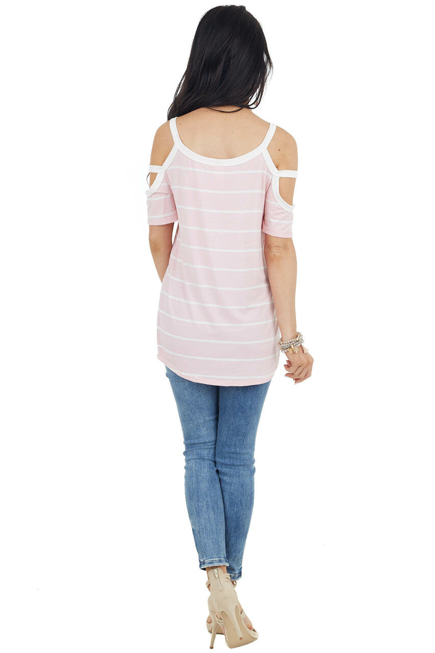 Baby Pink and Ivory Striped Strappy Cold Shoulder Top 