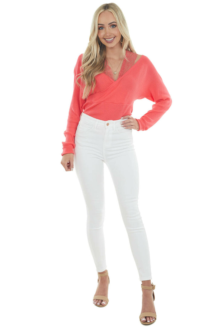 Neon Coral Lace Strap Ribbed Knit Light Sweater 