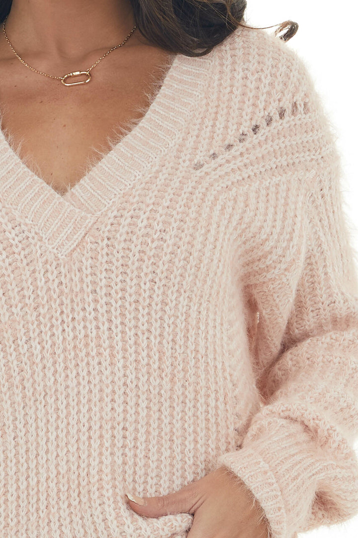 Blush V Neck Fuzzy Knit Sweater with Cut Outs