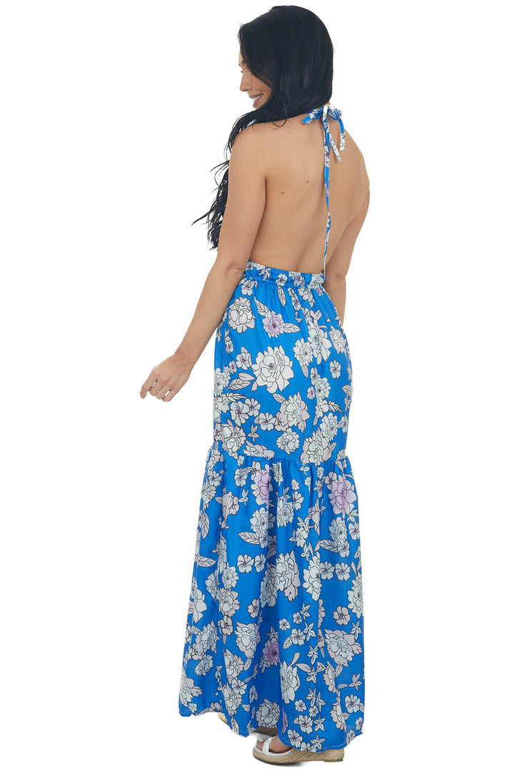 Cobalt Blue Floral Print Maxi Dress