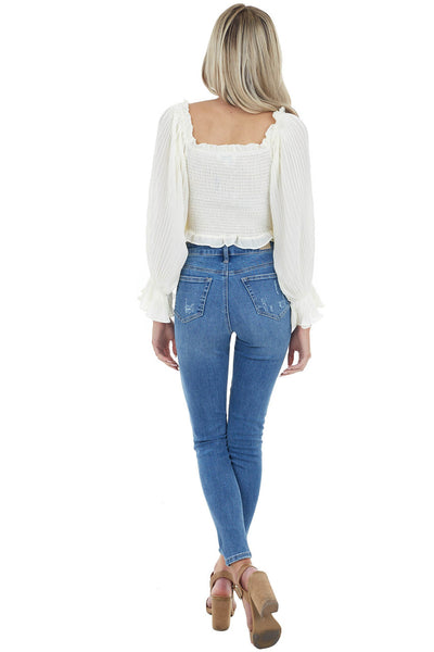 Cream Smocked Crop Top with Long Sheer Bubble Sleeves