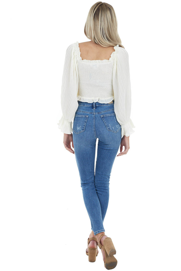 Cream Smocked Crop Top with Long Sheer Bubble Sleeves