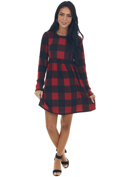 Cranberry Buffalo Plaid BabyDoll Short Dress