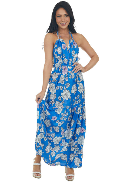 Cobalt Blue Floral Print Maxi Dress
