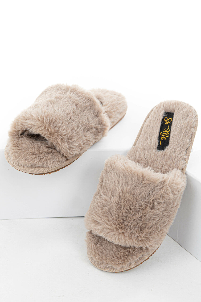 Taupe Fuzzy Faux Fur Slipper with Foam Sole