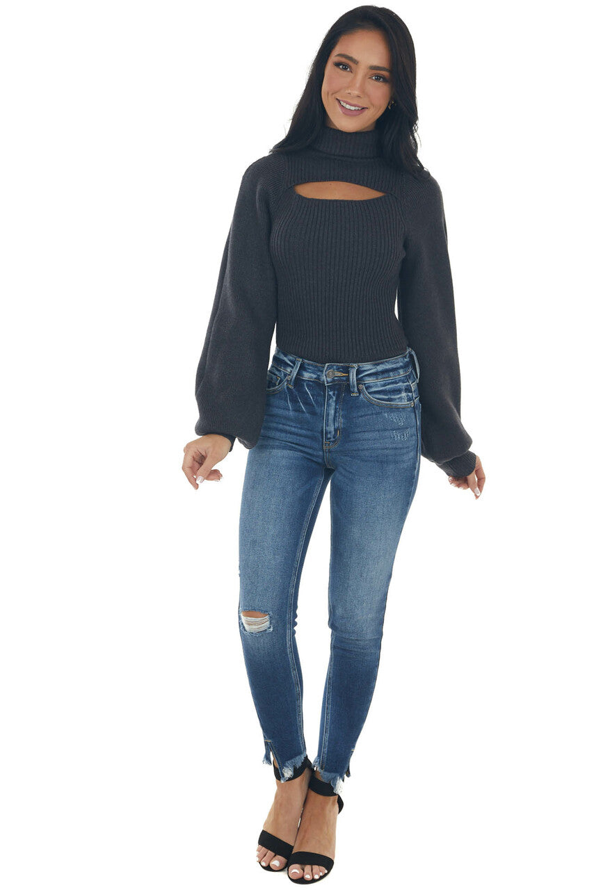 Charcoal Ribbed Cut Out Turtleneck Sweater