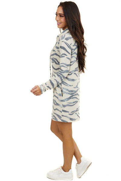 Cream and Stormy Grey Zebra Print Dress with Cowl Neckline 