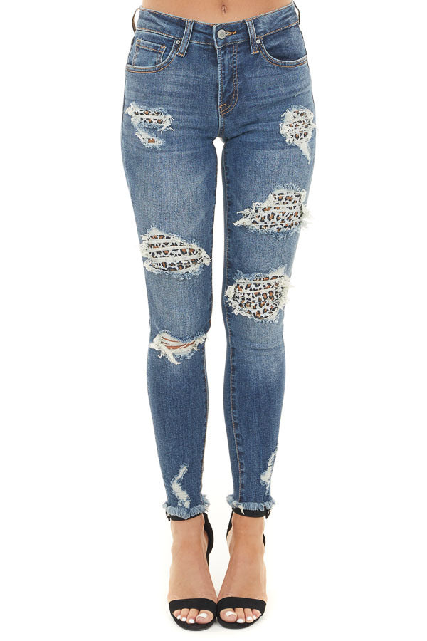 Dark Wash Denim Skinny Jeans with Distressed Leopard Print
