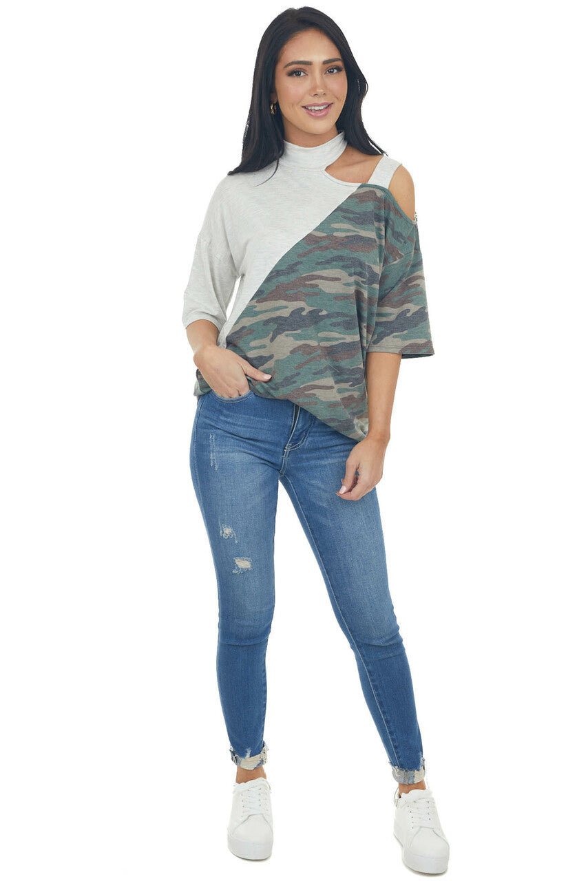 Pewter Grey Cold Shoulder Top with Asymmetrical Camo Print