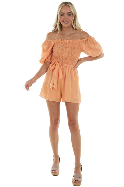 Melon Textured Romper with Short Puff Sleeves