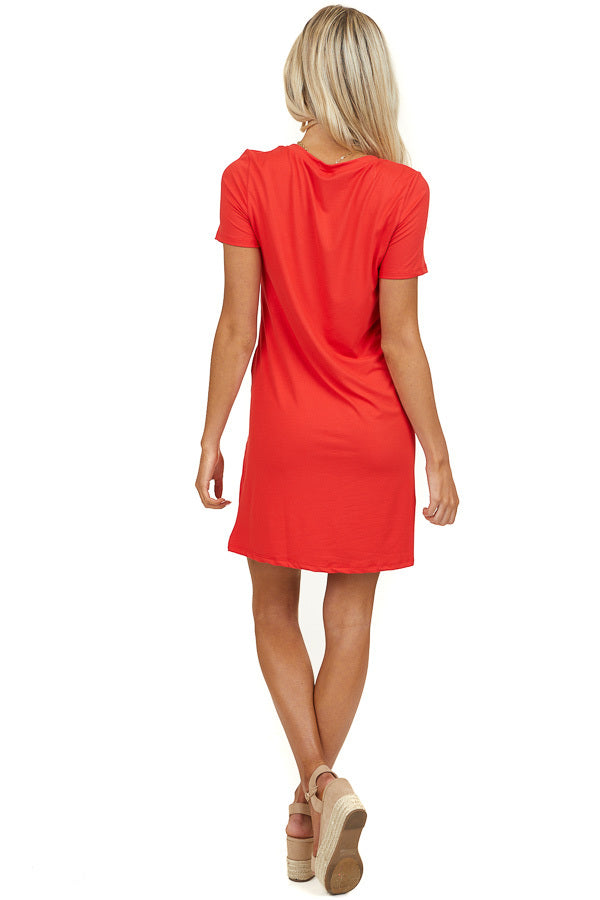 Crimson Short Sleeve Soft Knit Mini Dress with Chest Pocket 
