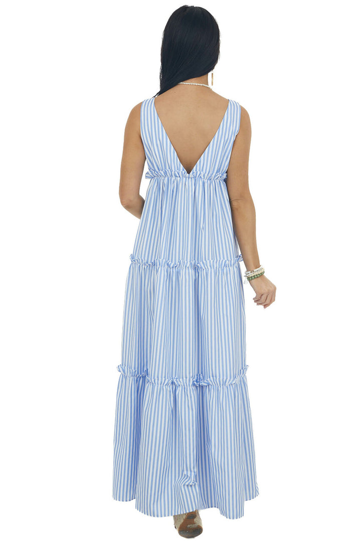 Cornflower and Ivory Striped Print Maxi Dress
