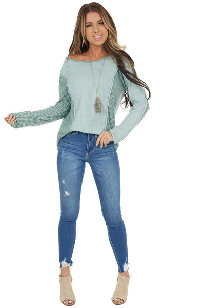 Sage Long Sleeve Waffle Knit Top with Contrast Detail