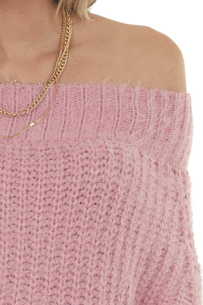 Pink Fuzzy Off Shoulder Cable Knit Sweater