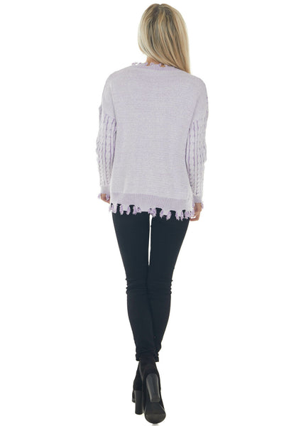 Lilac Cable Knit Distressed Trim Sweater
