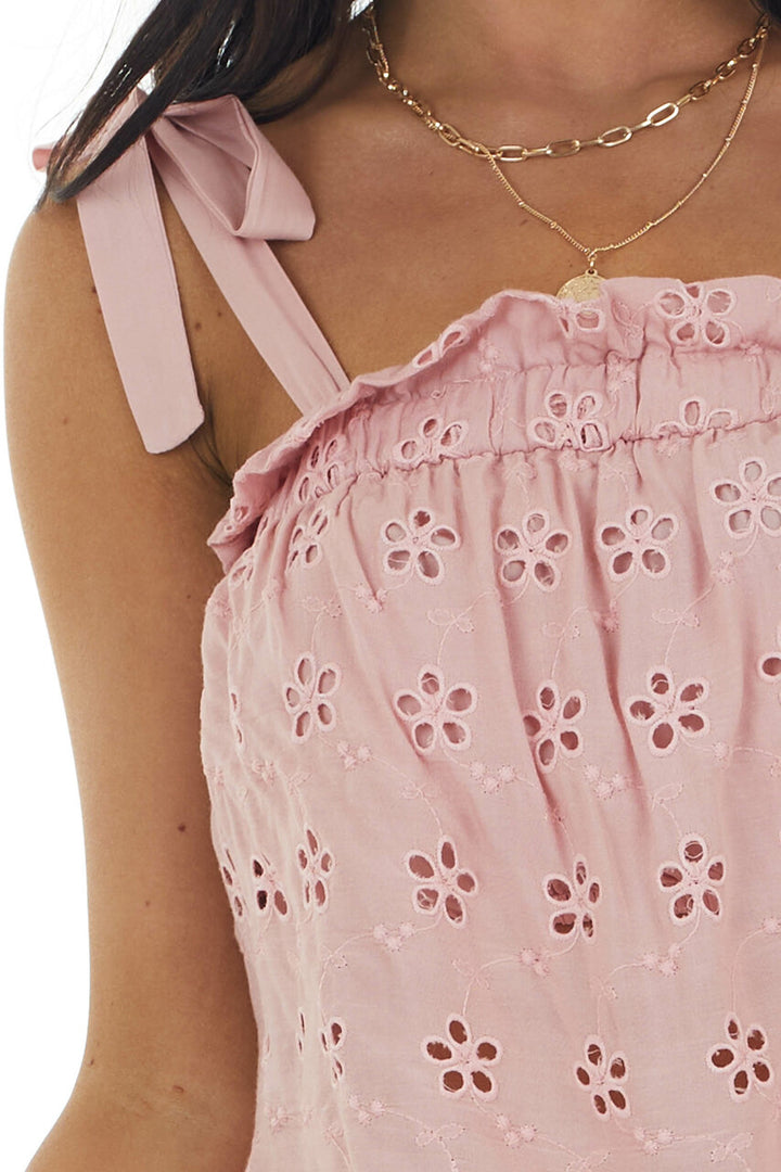 Dusty Pink Floral Eyelet Lace Sleeveless Top with Strap Ties